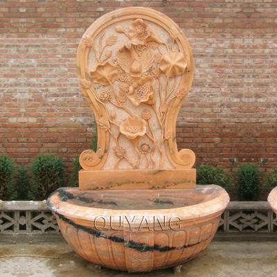 China QUYANG Modern Decorative Outdoor Natural Stone Large Carving Flower Relief Sunset Garden Red Marble Wall Fountain for sale