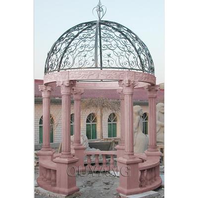 China QUYANG Modern Large Hand Carved Marble Outdoor Red Natural Garden Stone Round Park Gazebo With Metal Roof for sale