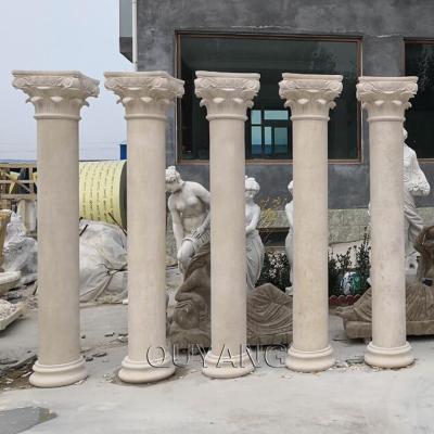 China QUYANG Solid Handcrafted Natural Stone Round Pillars Design Exterior Greek Decorative Beige Marble Column For House for sale