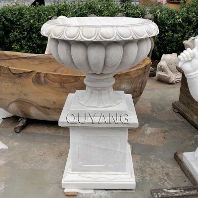 China QUYANG Modern Decorative Outdoor Hand Carved Large Garden Natural Stone Flowerpot Flower Planter White Marble Pots Wholesale for sale