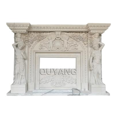 China QUYANG Modern Design Modern Hand Carved Free Stone Woman Statues Fireplace Wraps White Marble Fireplace For Villa for sale