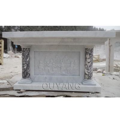 China QUYANG Modern Modern Religious Hand Carved White Table Design Natural Stone Relief Marble Altar Church Altar for sale