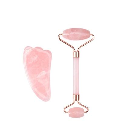 China 2023 Hot Natural Rose Quartz Face Roller Jade Gua Sha Facial Massage Roller Set Custom 100% Face Lift Skin Care Tools for sale