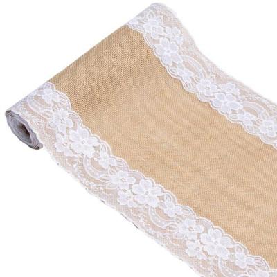 China Natural Hessian Table Runner Burlap Hessian Lace Table Runner for Rustic Wedding Party Decor for sale