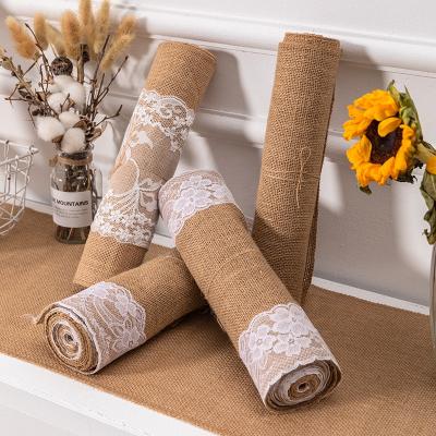 China Natural Eco-frinedly Food Grade Holiday Party Decoration Lace Table Runner Jute Table Runner with Lace for sale