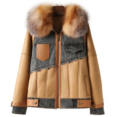 China New Arrival Windproof Shearling Leather Jacket Thick Warm Fur Coat With Fox Fur Collar For Women for sale