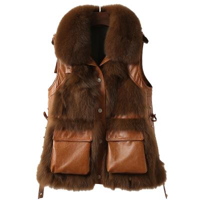 China 2021 New Lady's Windproof Sheepskin Leather Jacket Fox Fur Coat Genuine Fur Vest For Women for sale