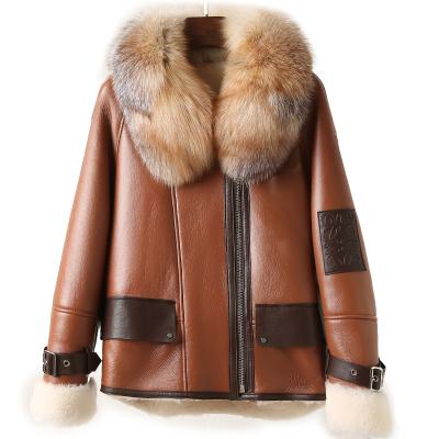 China 2021 New Windproof Lapel Tuscan Wool And Fur Embedded Genuine Leather Coat For Women for sale