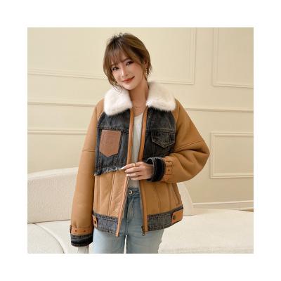 China Ladies Thick Warm Shearling Winter Windproof Leather Down Jacket Fur Coat With Wool Collar For Women for sale