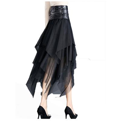 China Breathable Women High Waist Long Skirt Soft Lace Leather Skirt With Sheepskin Waist Fashion Woman Leather Skirt for sale