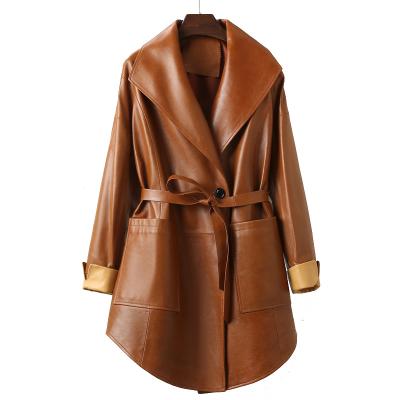 China Women's Anorak Loose Leather Trench Coat Windproof Long Plus Size Women Leather Jackets for sale