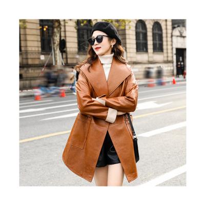 China Women's Anorak Loose Leather Trench Coat Windproof Long Plus Size Women Leather Jackets For Ladies for sale