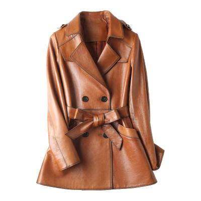 China Women's Jackets and Windproof Coats Women's Coats with Belt Coat Women's Clothing Solid Leather Casual Leather Jacket for sale