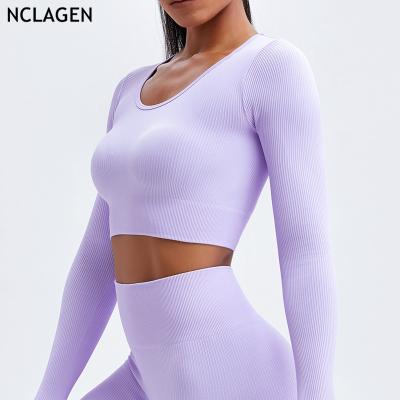 China Best Breathable Seamless Yoga Clothes Hot Women's Long Sleeve Shirts Ribbed Sports Gym Workout Top Running Blouse Active Fitness Wear for sale