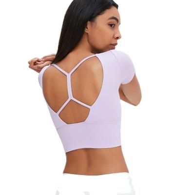 China Wholesale Breathable Top Short Sleeve Workout Gym Clothing Pump Sports Halterneck Shirt Fitness Crop Sleeve Yoga Women's Sexy Yoga Blouse T-shirt Top for sale