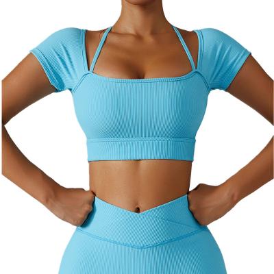 China Good Rib Fabric Running Trainer Sport T-shirt Women's Private Label Sleeve Fitness Gym Workout Top T-Shirt Breathable Short Custom Crop Yoga for sale