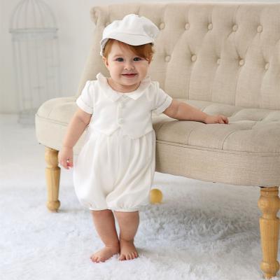 China Fashion Ready to Ship Baptism Boy Clothes Prince Suits Baby Boy Peter Pan Collar Romper Toddler Boy Outfits for sale