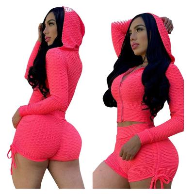 China Anti-pilling 2021 New Arrivals Women Shorts And Hoodie Bodycon Sets Fashion Pink Short Sets Knit Matching Sets for sale