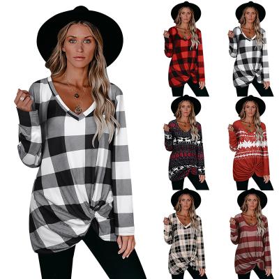 China Anti-wrinkle Winter/Autumn Women's Casual Warm Clothing Loose Control Printing V-neck T-shirt Tops for sale