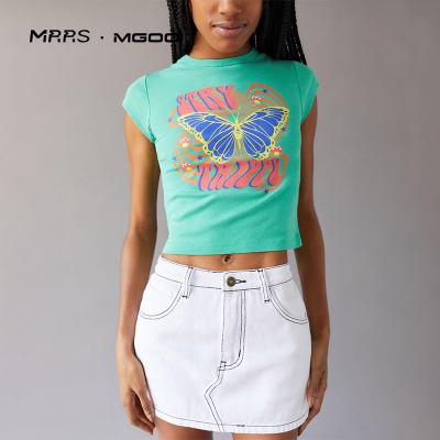 China New Arrival Anti-Wrinkle MRRS MGOO Logo Baby Tee Heat Transfer Butterfly Embroidery U Neck 100%cotton Shorts Custom Graphic Crop Sleeve Top Tee for sale