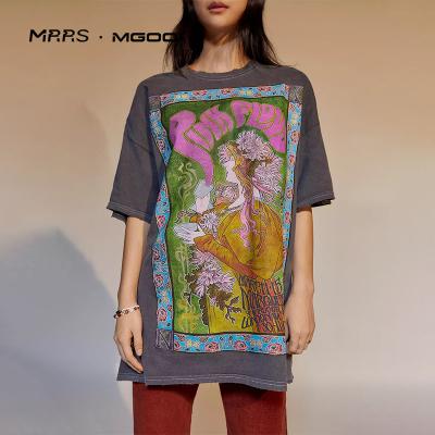 China Anti-Wrinkle MRRS MGOO News Style Heat Transfer Embroidery Vintage Print Round Neck Cotton Short Sleeve Graphic Women's 100% Oversized T-Shirt for sale