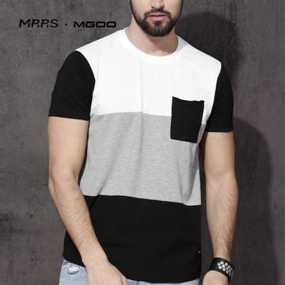 China Anti-Wrinkle MRRS Customized OEM Chest Pocket Black Gray Melange Colourblocked Round Neck T-Shirt For Men for sale