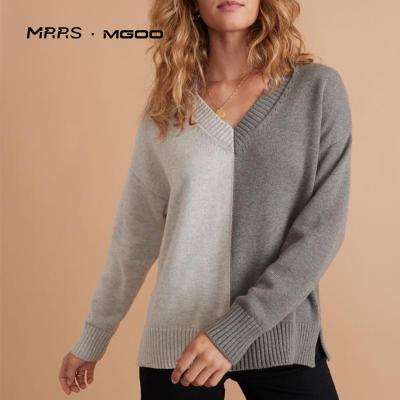 China Anti-wrinkle MRRS Customized ODM Color Block With Gray And White V-Neck Sweater For Women for sale