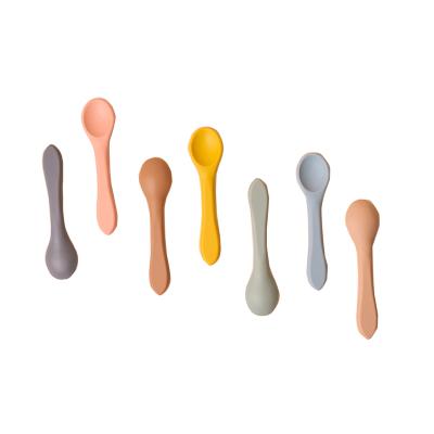 China Stocked Small Handle Kids Training Kids Pink Feeder Set Soft Silicone Baby Spoons for sale