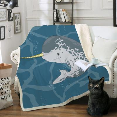 China Amazon Cartoon Narwhal Whale Hot Selling Anti-pilling Unicorn Printed Sherpa Fleece Plush Blanket for sale