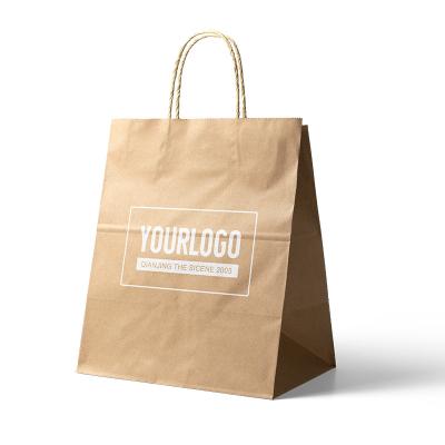 China Recycled Materials Cheap Recycled Custom Logo Printed Grocery Shopping Packaging Paper Brown Tote Bag With Handles for sale