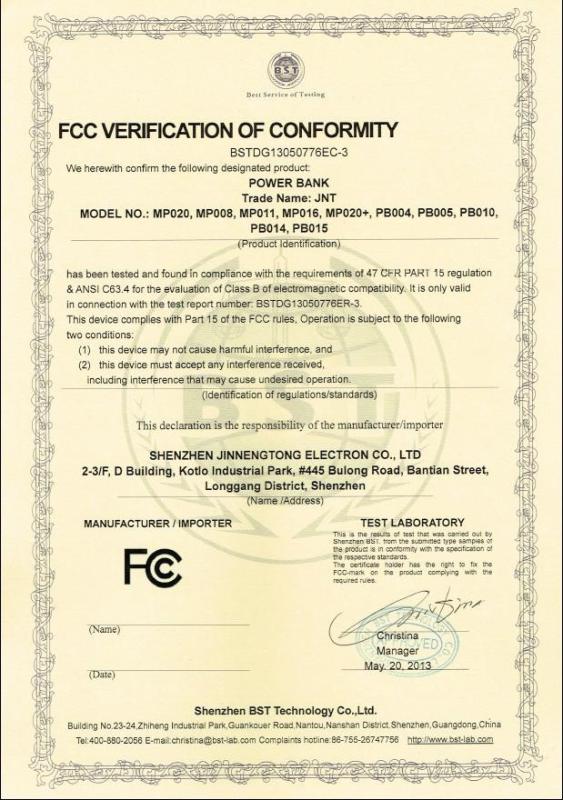 FCC certification - Shenzhen Jinnengtong Electron Co., Ltd.