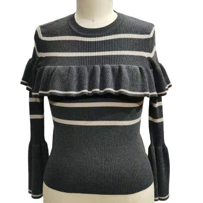 China 2021 New Autumn Anti-wrinkle Round Neck Contrast Color Woolen Striped Long Sleeve Sweater With Lace Decoration Thin Cashmere Bottoming Shirt for sale