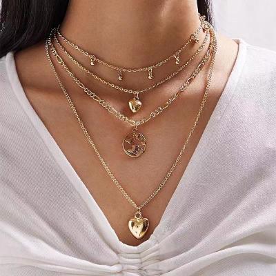 China Simple Pattern Wave Earth Heart Vintage Gold Multilayer Necklace For Women Chain Long Necklace Collares Pendant Jewelry for sale