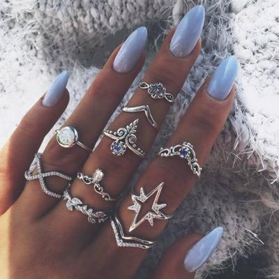 China Wholesale Vintage Color Retro Silver Cross Flower Joint Ring Set Rings Unique Design Crown Love Heart Ring Set Jewelry Women for sale