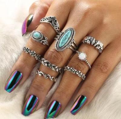 China Vintage 9pcs/sets Retro Fashion Hand Ornament Flower Elephant National Turquoise Geometric Style Metal Ring for sale