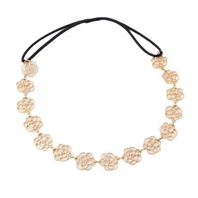 China 2021Fashion Accessories Metal Hair Jewelry Cavity Hollow Rose Flower Elastic Hair Band Jewelry Ladies Hair Chain Band for sale