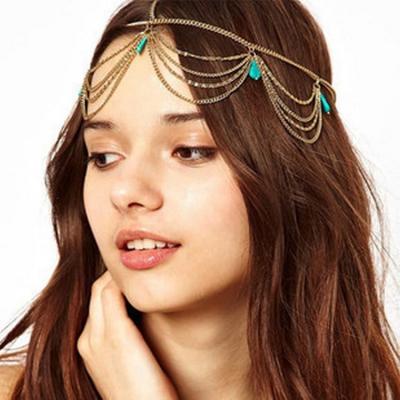 China Vintage Bohemia Beach Turquoise Gold Forehead Chain Jewelry Piece Wedding Veil Hair Accessories Forehead Dangle Jewelry for sale