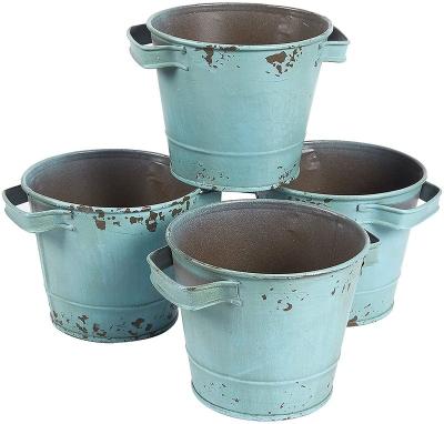 China Small Handmade Distressed Blue Galvanized Buckets Vintage Metal Flower Pot For Farmhouse Decor for sale