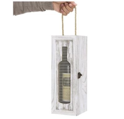 China Handmade Rustic Gray Wood Grain Finishing Decorative Wooden Liquor Wine Bottle Carrier Gift Box with Rope Handle and Hinged Lid for sale