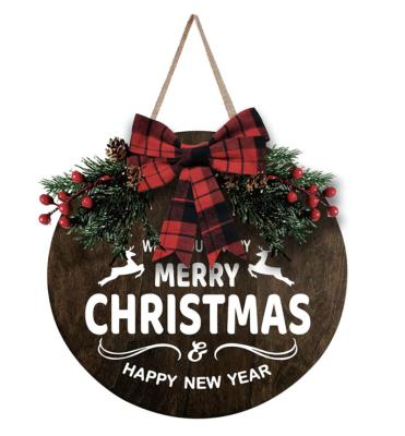 China Europe Farmhouse Porch Decorations Christmas Wreaths Decor Funny Front Door Round Wood Hanging Sign With Ribbon Bow for sale