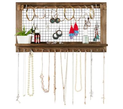 China Rustic Stored Jewelry Organizer with Bangle Rod Wall Mounted Wooden Wall Mount Holder for Earrings Necklaces Bracelets for sale