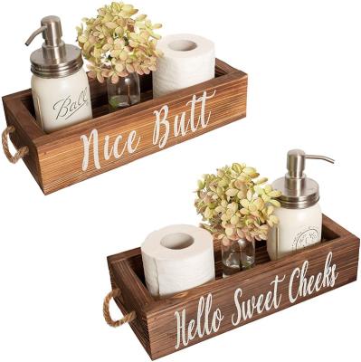 China Rustic Wooden Bathroom Butt Decor Interesting Box Farmhouse Bathroom Toilet Paper Storage Holder Stocked for sale