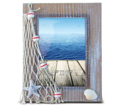 China Art Handcrafted Tabletop Wooden Home Themed Picture Frame Decor 4x6 Handmade Nautical Beach Decor with Starfish Seashell for sale