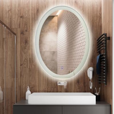 China 2020 New Design LED Illuminated Oval Wall Mounted Bathroom Mirror With Touch Switch And Laser Pattern for sale