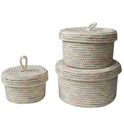 China Sustainable Storage Baskets With Lidded Storage Basket Set Lid Decorative Natural Cotton Rope Baskets Of 3 for sale