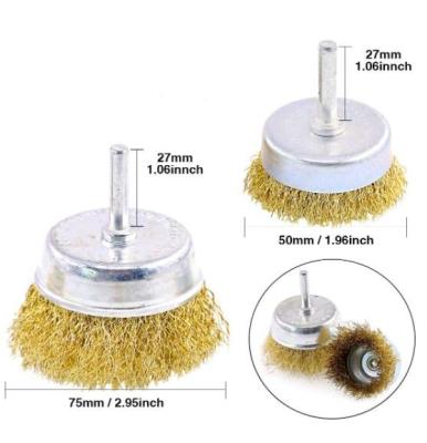 China Durable Brass Coated Wire Brush Wheel And Cup Set With Good Quality Shank 1/4-Inch Thread Wheel Brush for sale