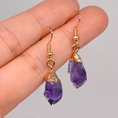 China Minimalist Precious Dangle Crystal Gold Dipped Amethyst Drop Earrings Uruguay Natural Raw Amethyst BOHEMIA Earrings for sale