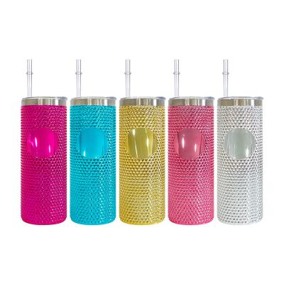 China Sustainable USA warehouse 23oz studded durian stainless steel metallic diamond bing holographic skinny straight tumbler with slide lid for sale