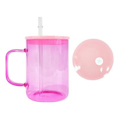 China Sustainable Wholesale colored transparent 17oz camper mug blank sublimation hot chocolate coffee Glass Mug with plastic pp lid and straw for sale