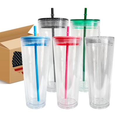 China Sustainable 24oz BPA free double wall clear transparent suitable for vinyl plastic arylic tumbler with lids and straws sold by case for sale